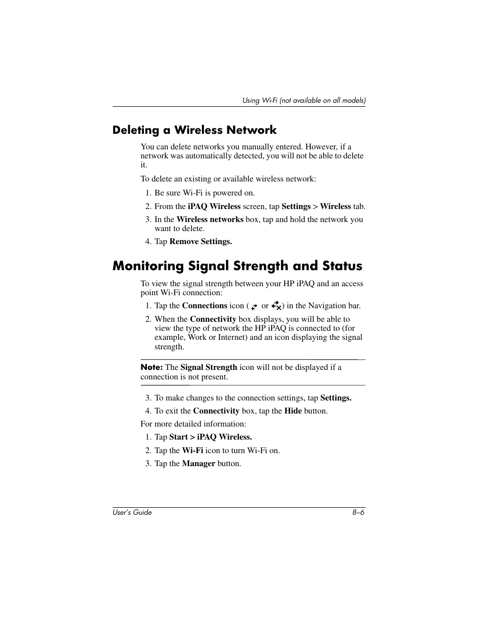 Deleting a wireless network, Monitoring signal strength and status, Deleting a wireless network –6 | Monitoring signal strength and status –6 | HP iPAQ hx2000 User Manual | Page 102 / 168