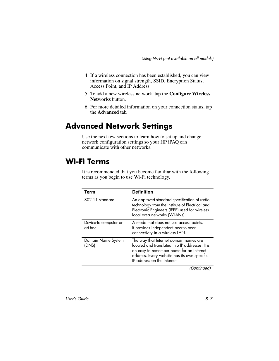 Advanced network settings, Wi-fi terms, Advanced network settings –7 wi-fi terms –7 | HP iPAQ hx2000 User Manual | Page 103 / 168