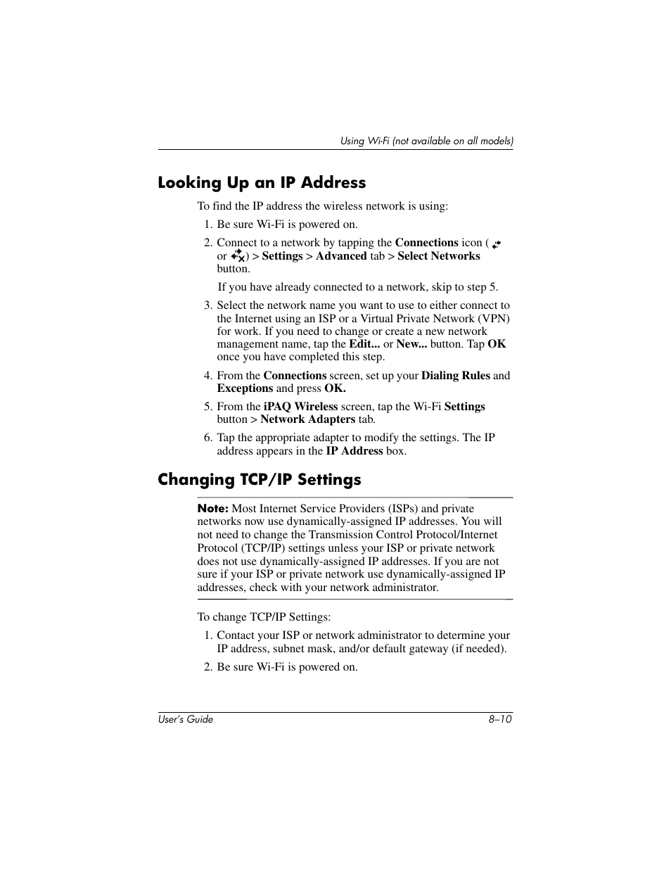 Looking up an ip address, Changing tcp/ip settings | HP iPAQ hx2000 User Manual | Page 106 / 168