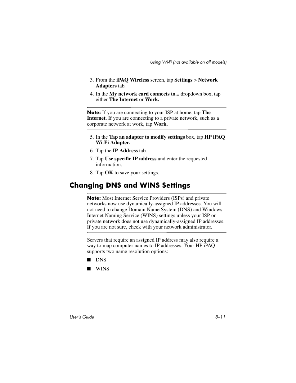 Changing dns and wins settings, Changing dns and wins settings –11 | HP iPAQ hx2000 User Manual | Page 107 / 168