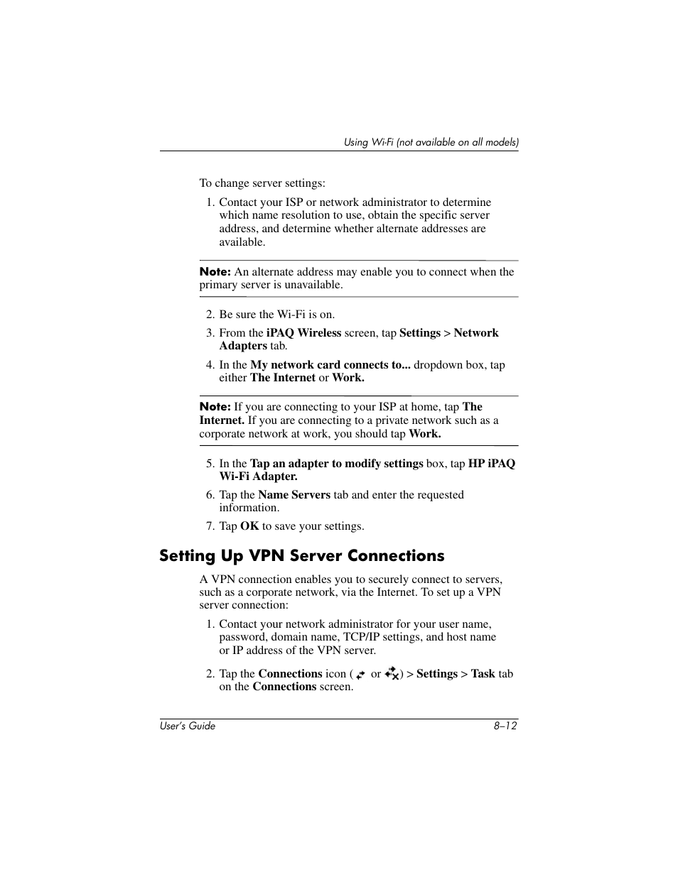 Setting up vpn server connections, Setting up vpn server connections –12 | HP iPAQ hx2000 User Manual | Page 108 / 168