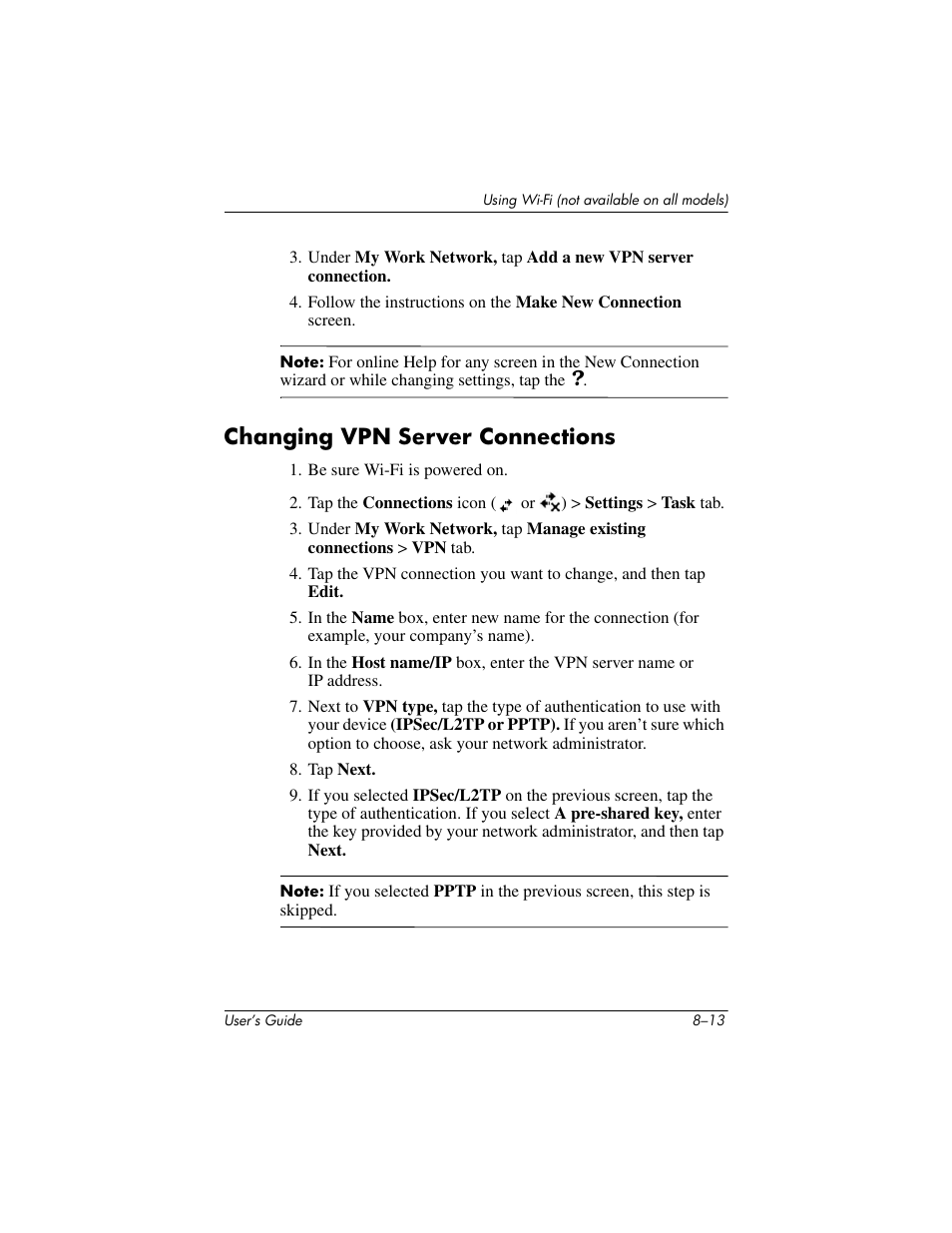 Changing vpn server connections, Changing vpn server connections –13 | HP iPAQ hx2000 User Manual | Page 109 / 168