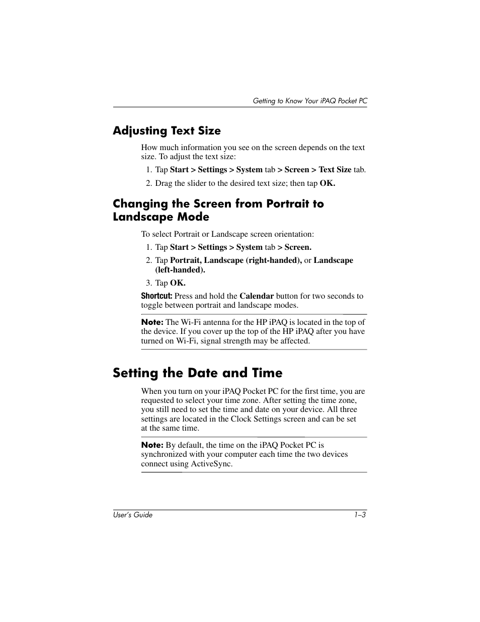 Adjusting text size, Setting the time and date, Setting the date and time –3 | Setting the date and time | HP iPAQ hx2000 User Manual | Page 11 / 168