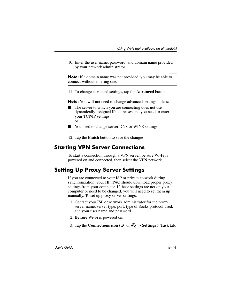Starting vpn server connections, Setting up proxy server settings | HP iPAQ hx2000 User Manual | Page 110 / 168