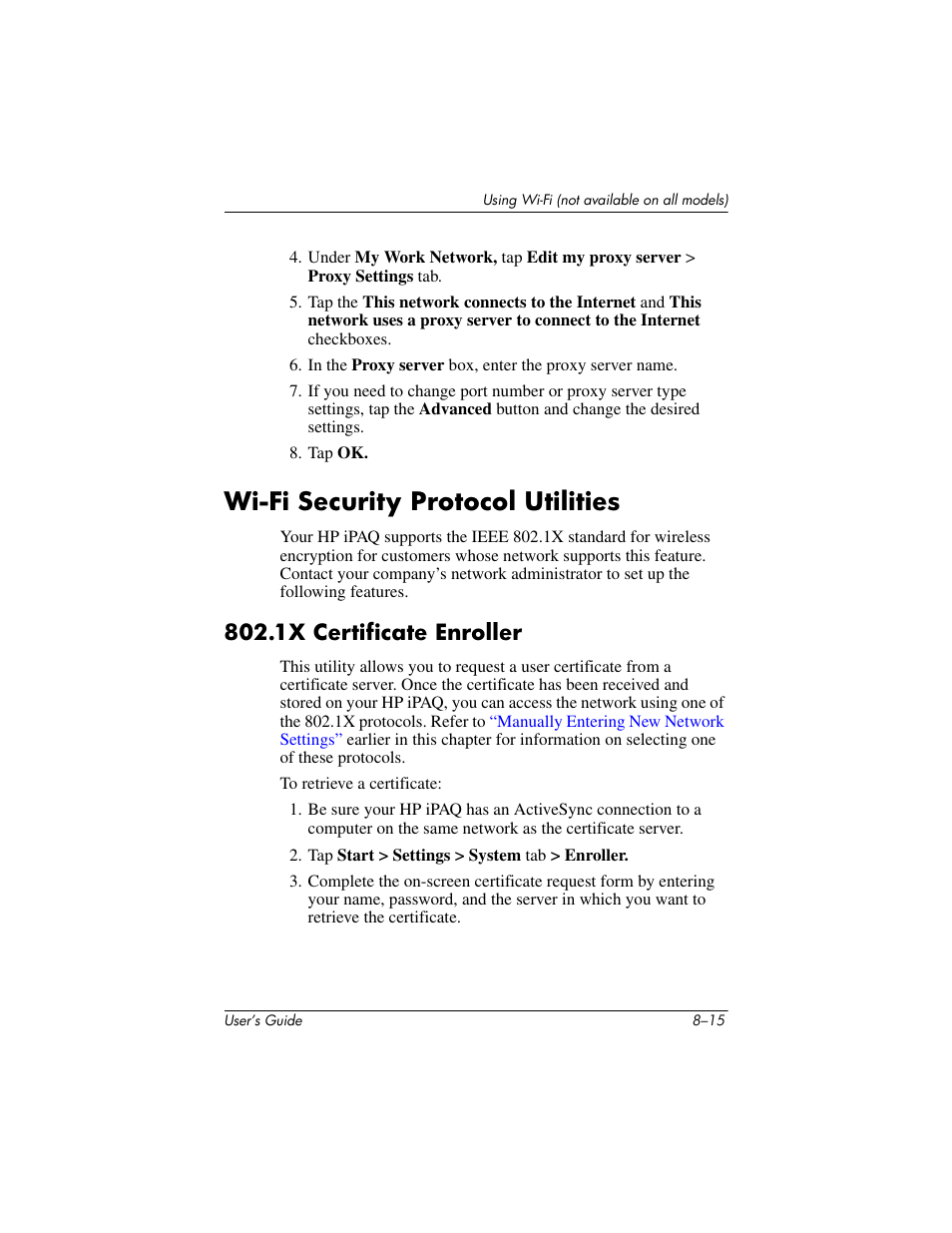 Wi-fi security protocol utilities, 1x certificate enroller, Wi-fi security protocol utilities –15 | 1x certificate enroller –15 | HP iPAQ hx2000 User Manual | Page 111 / 168