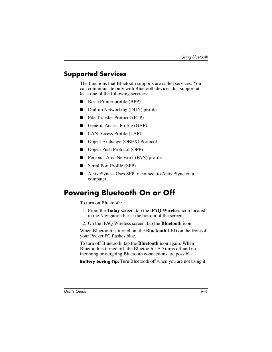 Supported services, Powering bluetooth on or off, Supported services –4 | Powering bluetooth on or off –4, In chapter 8 and, Powering, Bluetooth on or off | HP iPAQ hx2000 User Manual | Page 117 / 168