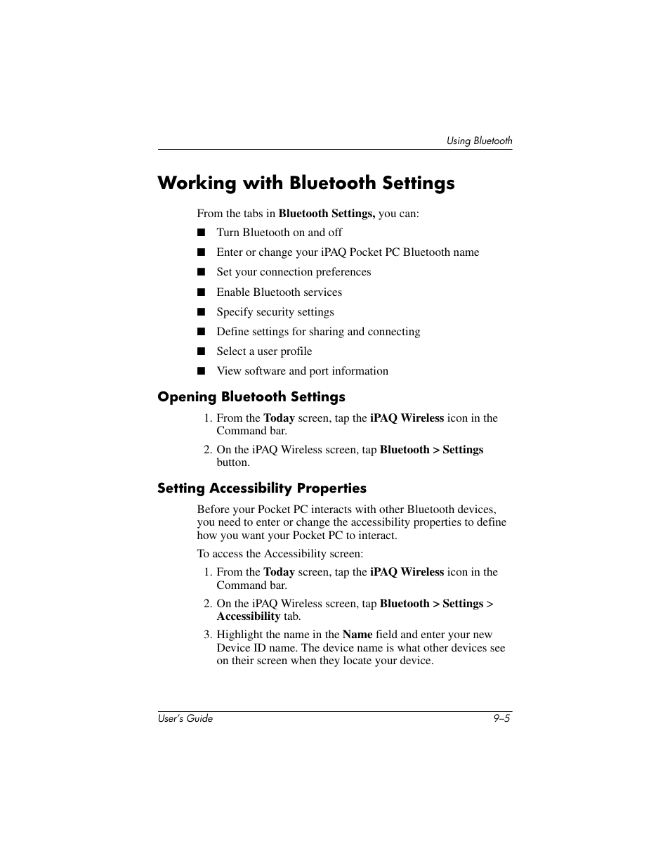 Working with bluetooth settings, Opening bluetooth settings, Setting accessibility properties | Working with bluetooth settings –5 | HP iPAQ hx2000 User Manual | Page 118 / 168