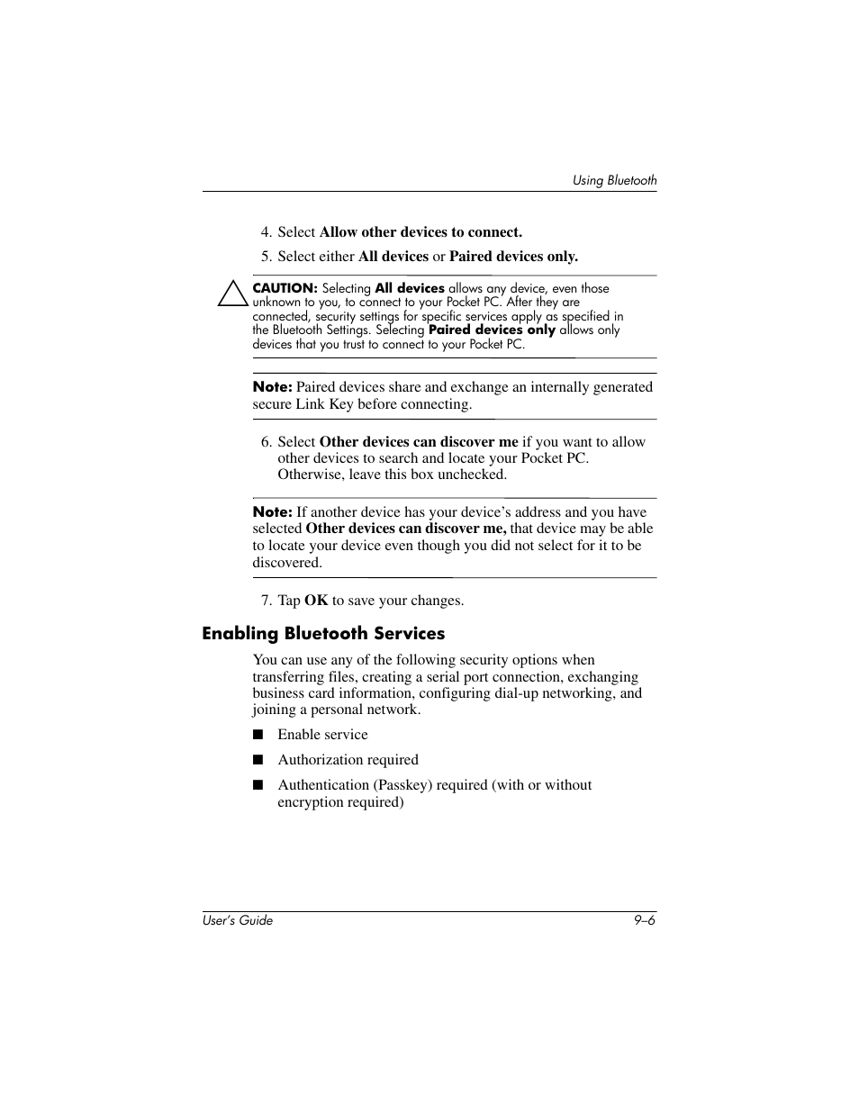 Enabling bluetooth services, Enabling bluetooth services –6 | HP iPAQ hx2000 User Manual | Page 119 / 168