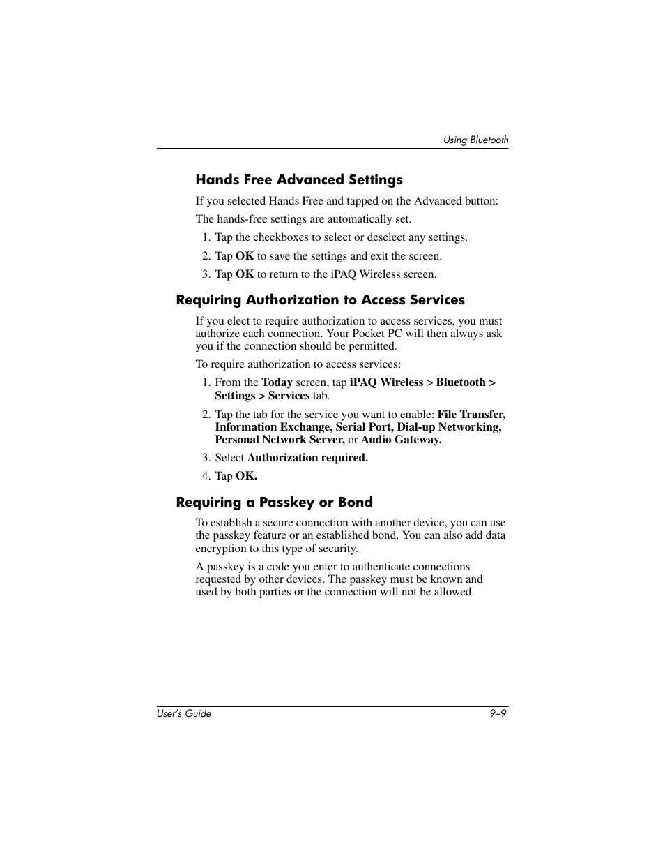 Requiring authorization to access services, Requiring a passkey or bond | HP iPAQ hx2000 User Manual | Page 122 / 168