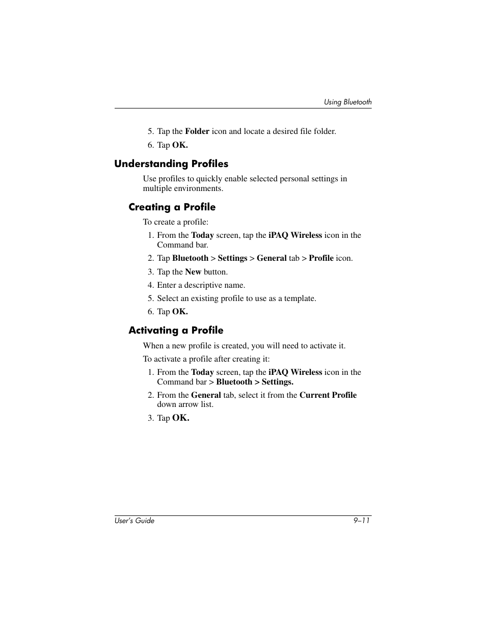 Understanding profiles, Creating a profile, Activating a profile | Understanding profiles –11 | HP iPAQ hx2000 User Manual | Page 124 / 168