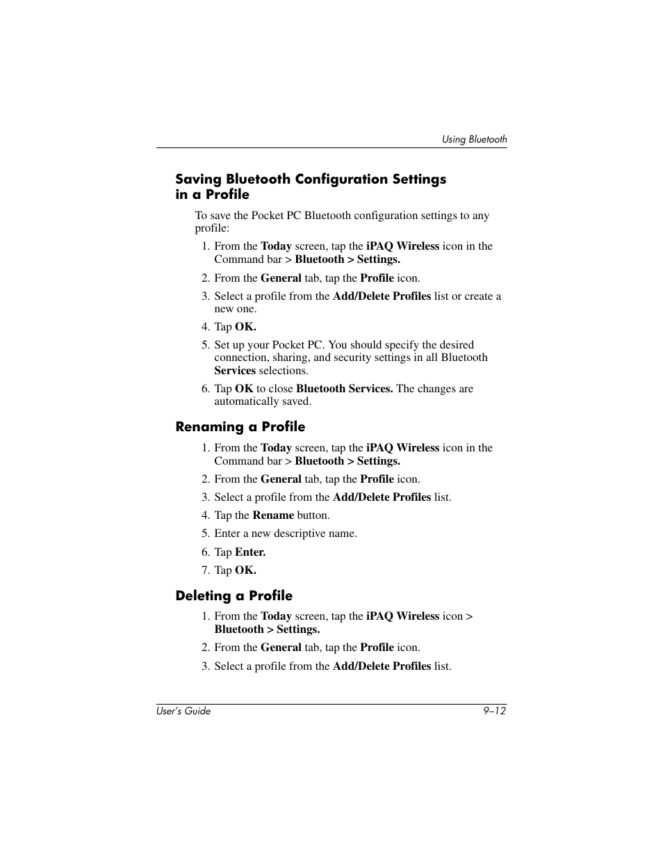 Renaming a profile, Deleting a profile | HP iPAQ hx2000 User Manual | Page 125 / 168