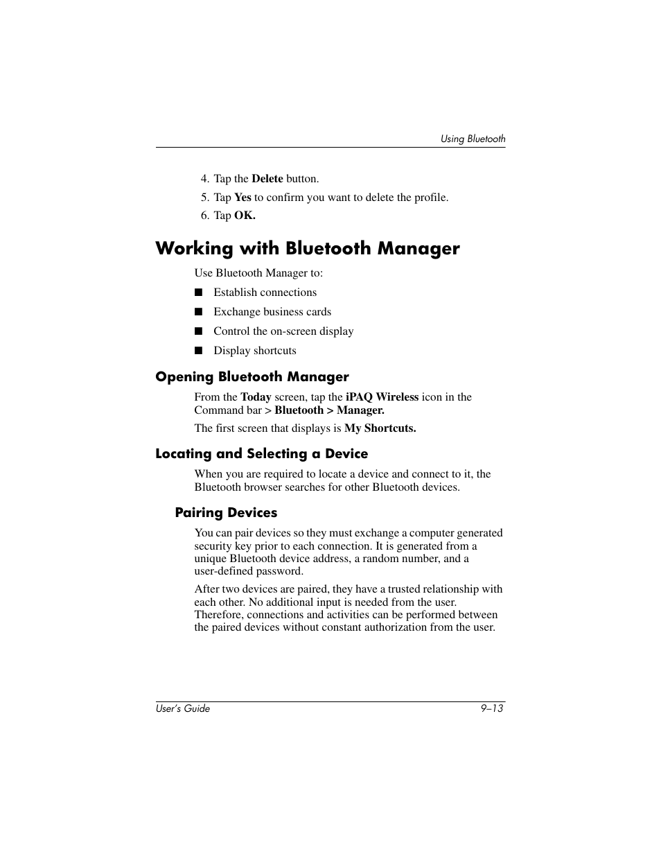 Working with bluetooth manager, Opening bluetooth manager, Locating and selecting a device | Pairing devices, Working with bluetooth manager –13 | HP iPAQ hx2000 User Manual | Page 126 / 168