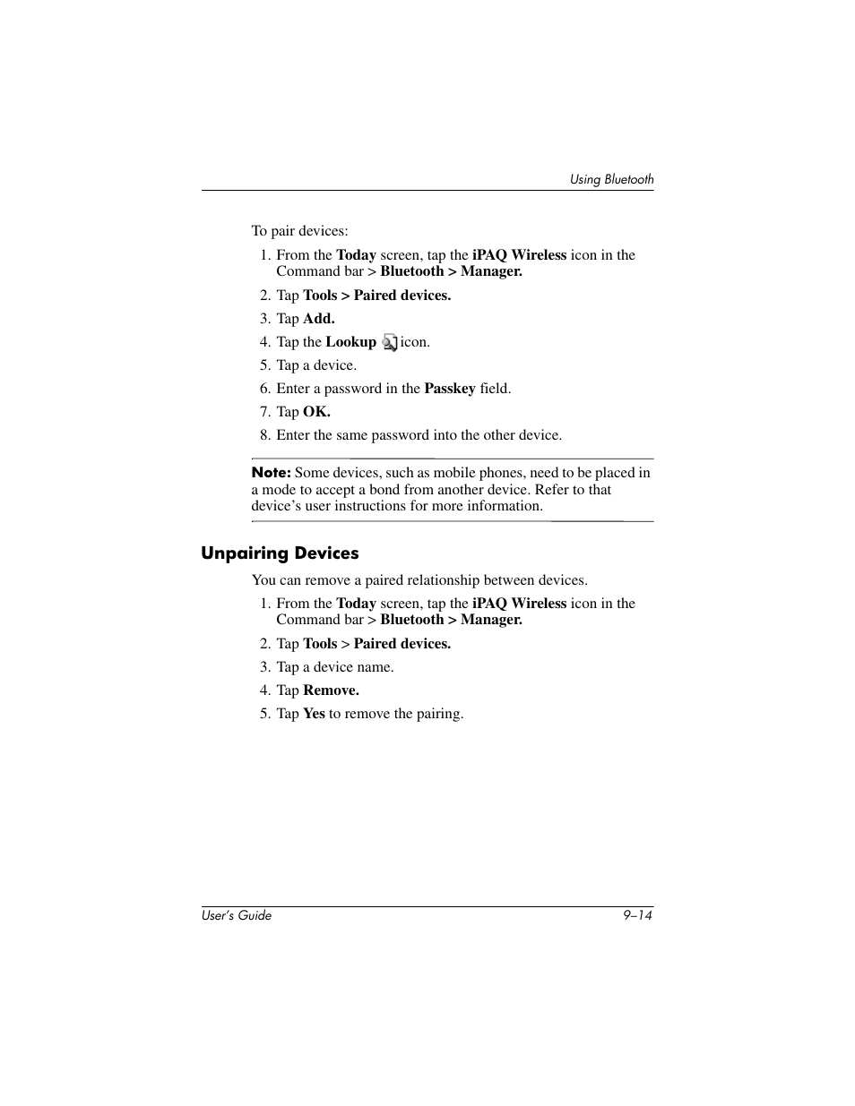 Unpairing devices | HP iPAQ hx2000 User Manual | Page 127 / 168