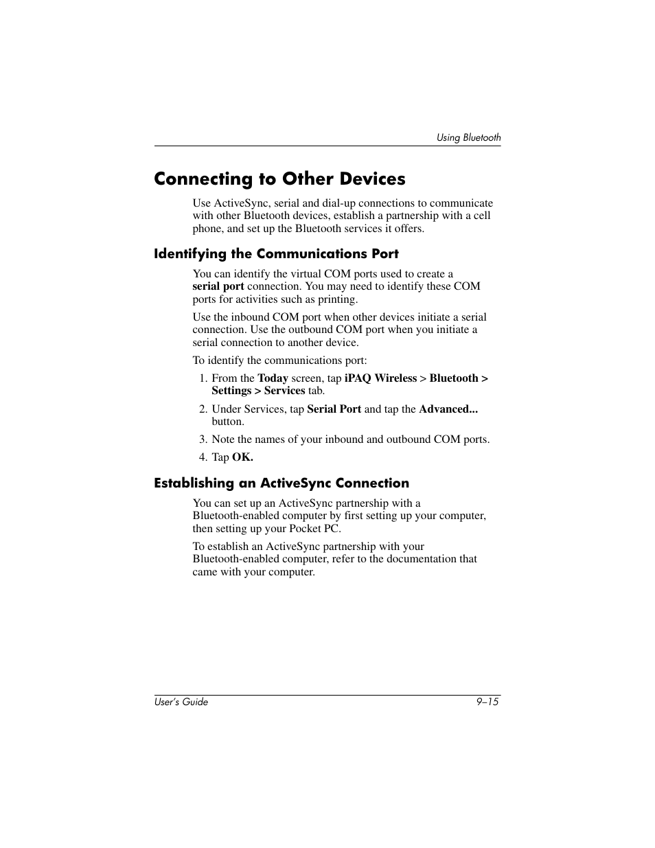 Connecting to other devices, Identifying the communications port, Establishing an activesync connection | Connecting to other devices –15 | HP iPAQ hx2000 User Manual | Page 128 / 168
