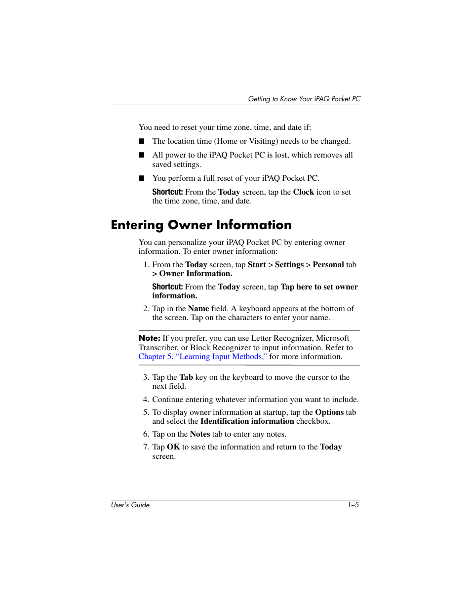 Entering owner information, Entering owner information –5 | HP iPAQ hx2000 User Manual | Page 13 / 168