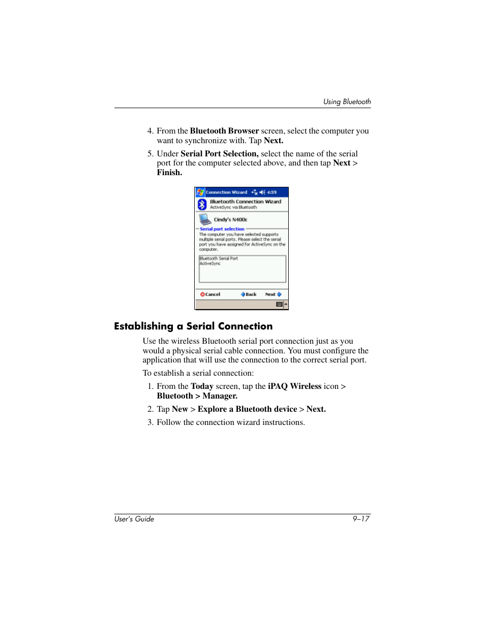 Establishing a serial connection, Establishing a serial connection –17 | HP iPAQ hx2000 User Manual | Page 130 / 168