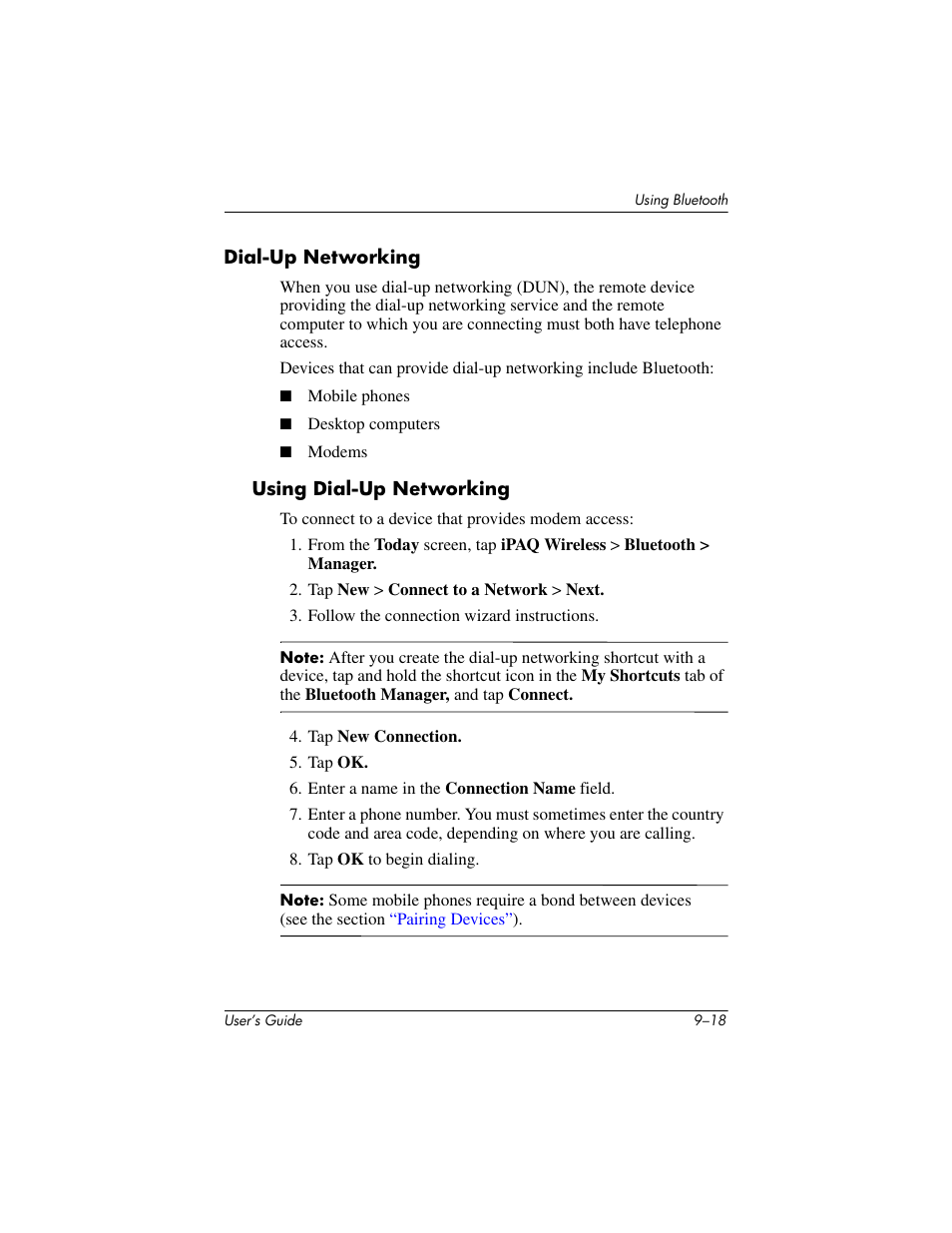 Dial-up networking, Using dial-up networking, Dial-up networking –18 | HP iPAQ hx2000 User Manual | Page 131 / 168