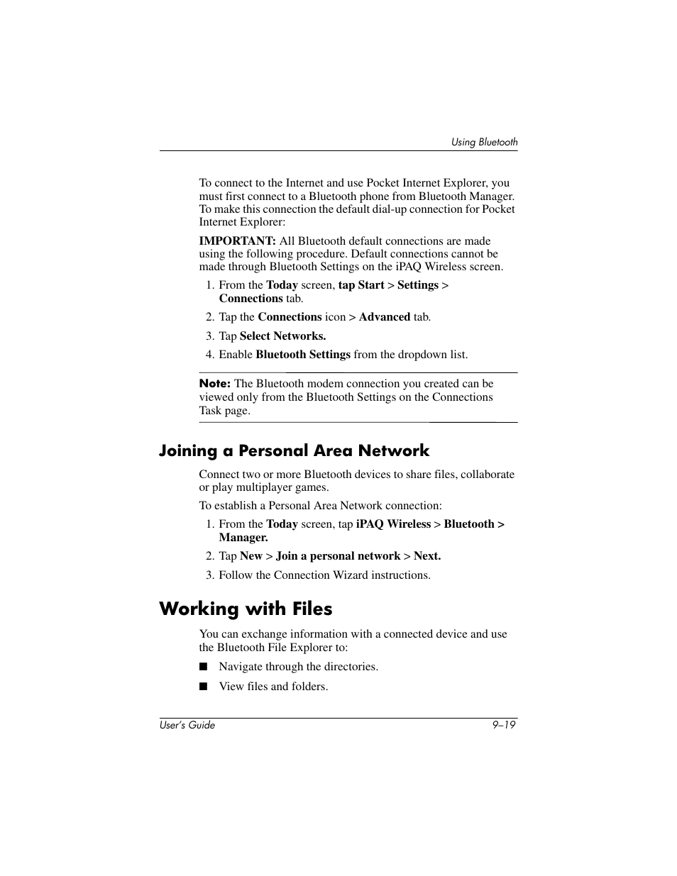 Joining a personal area network, Working with files, Joining a personal area network –19 | Working with files –19 | HP iPAQ hx2000 User Manual | Page 132 / 168