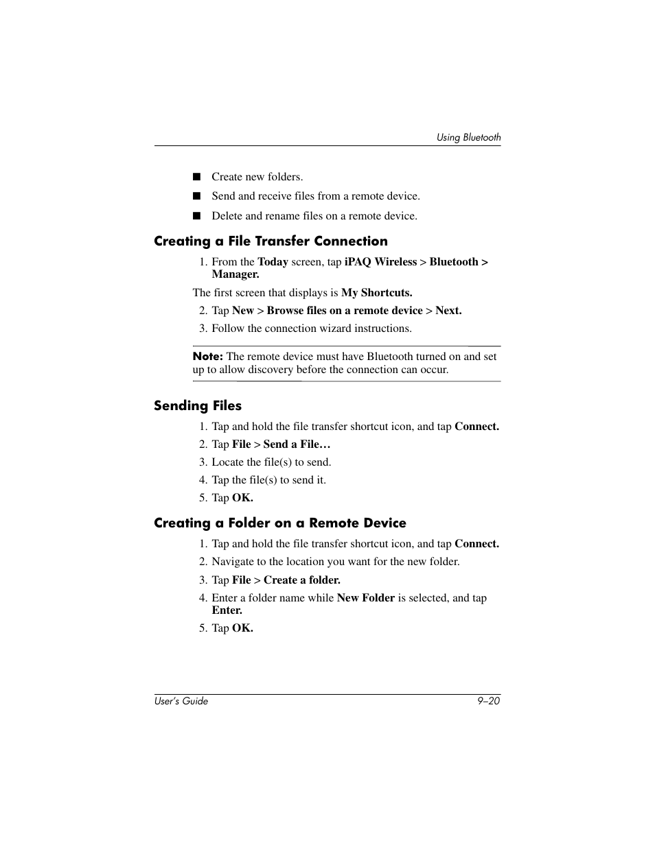 Creating a file transfer connection, Sending files, Creating a folder on a remote device | Creating a file transfer connection –20 | HP iPAQ hx2000 User Manual | Page 133 / 168