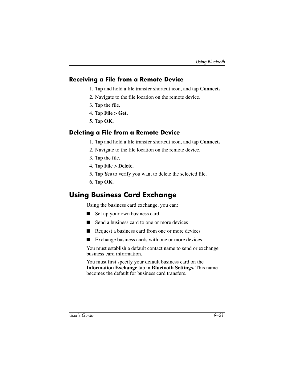 Receiving a file from a remote device, Deleting a file from a remote device, Using business card exchange | Using business card exchange –21 | HP iPAQ hx2000 User Manual | Page 134 / 168