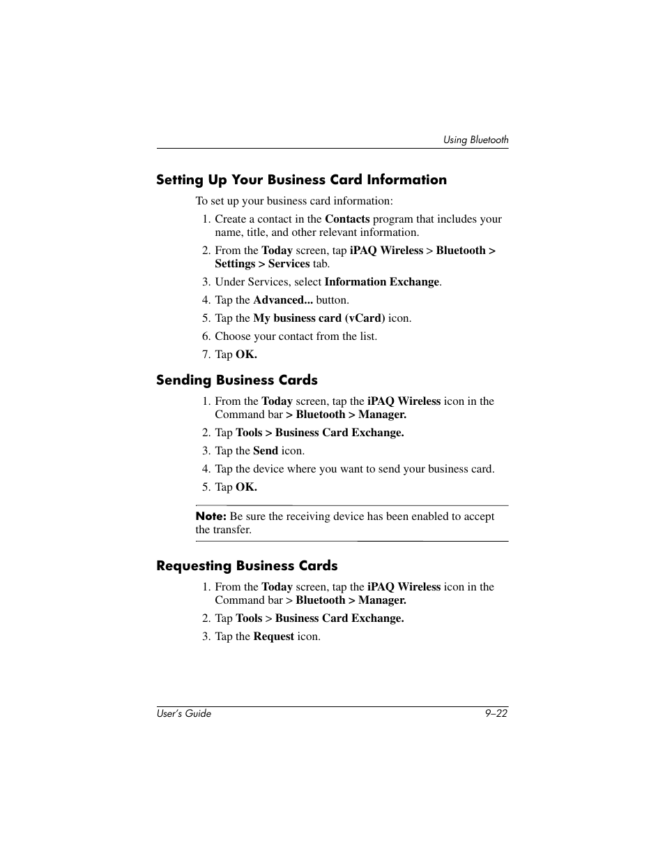 Setting up your business card information, Sending business cards, Requesting business cards | HP iPAQ hx2000 User Manual | Page 135 / 168