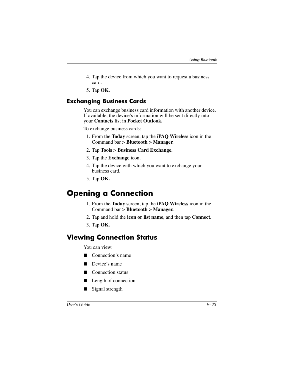 Exchanging business cards, Opening a connection, Viewing connection status | Opening a connection –23, Viewing connection status –23 | HP iPAQ hx2000 User Manual | Page 136 / 168