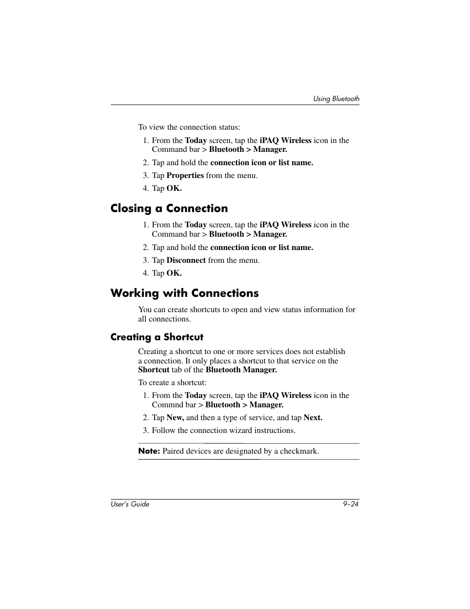 Closing a connection, Working with connections, Creating a shortcut | HP iPAQ hx2000 User Manual | Page 137 / 168