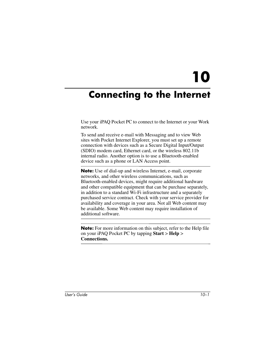 Connecting to the internet, 10 connecting to the internet | HP iPAQ hx2000 User Manual | Page 139 / 168