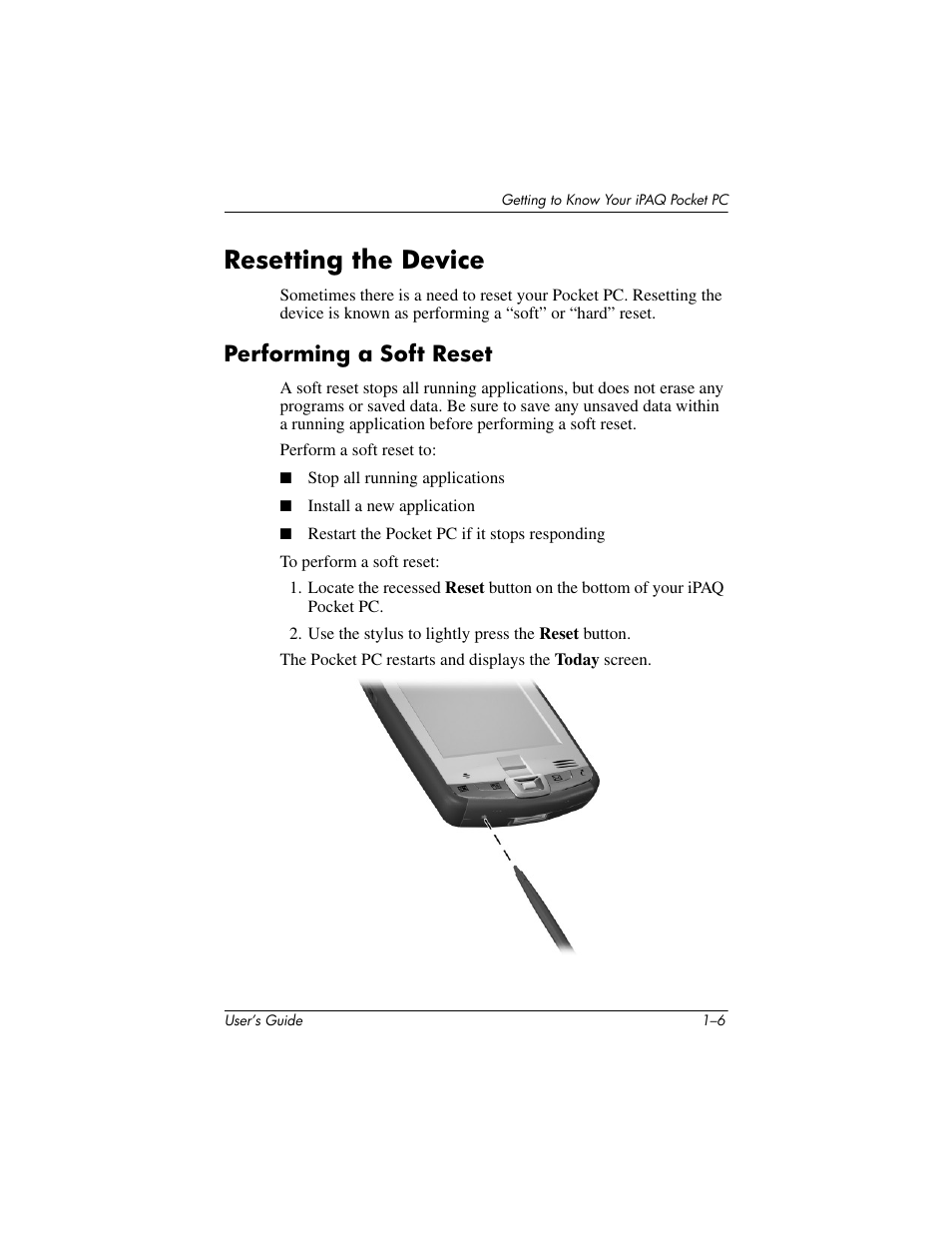 Resetting the device, Performing a soft reset, Resetting the device –6 | Performing a soft reset –6 | HP iPAQ hx2000 User Manual | Page 14 / 168