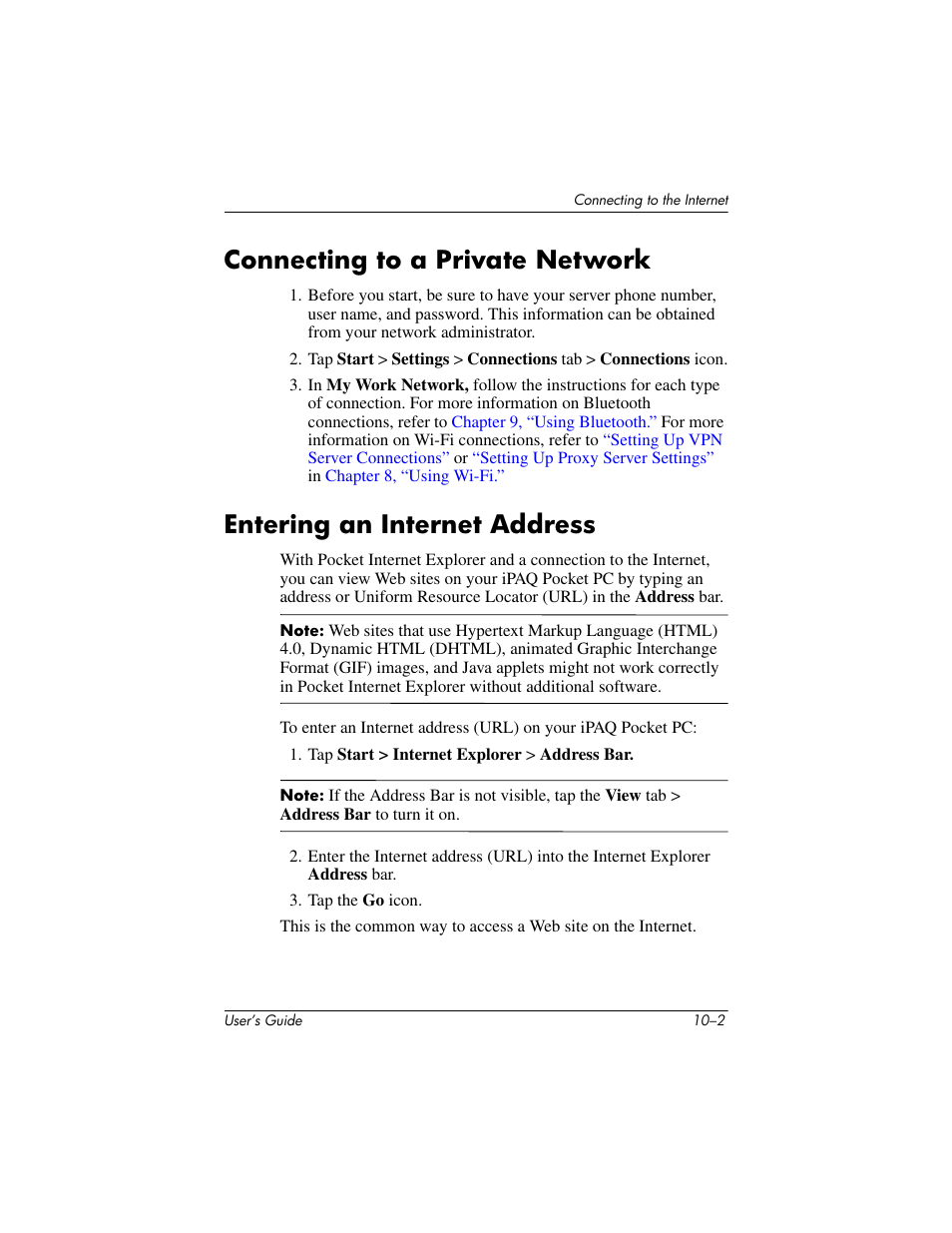 Connecting to a private network, Entering an internet address | HP iPAQ hx2000 User Manual | Page 140 / 168