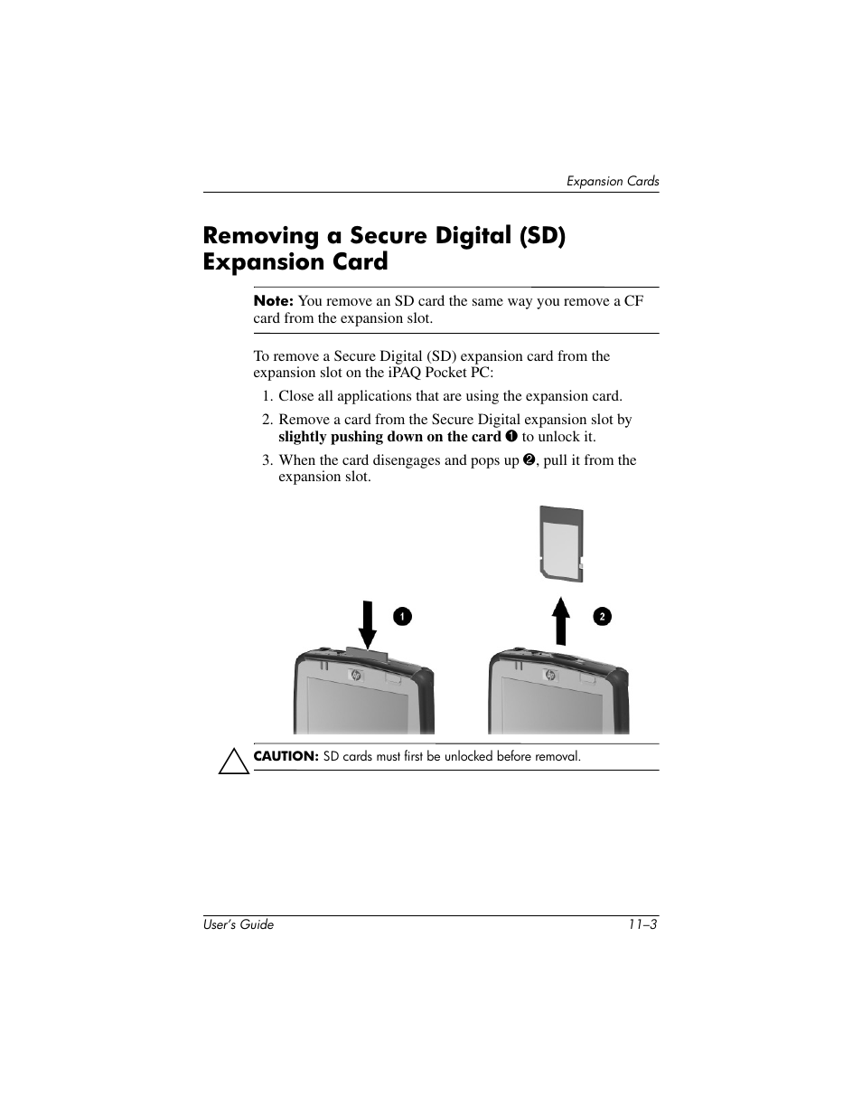 Removing a secure digital (sd) expansion card, Removing a secure digital (sd) expansion card –3 | HP iPAQ hx2000 User Manual | Page 144 / 168