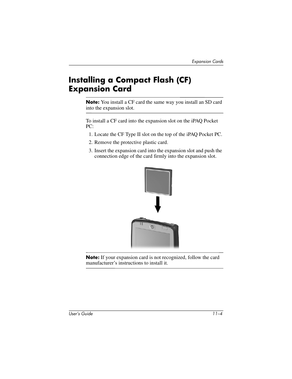 Installing a compact flash (cf) expansion card, Installing a compact flash (cf) expansion card –4 | HP iPAQ hx2000 User Manual | Page 145 / 168
