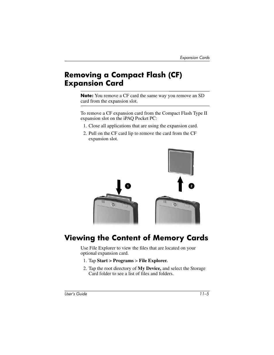 Removing a compact flash (cf) expansion card, Viewing the content of memory cards | HP iPAQ hx2000 User Manual | Page 146 / 168