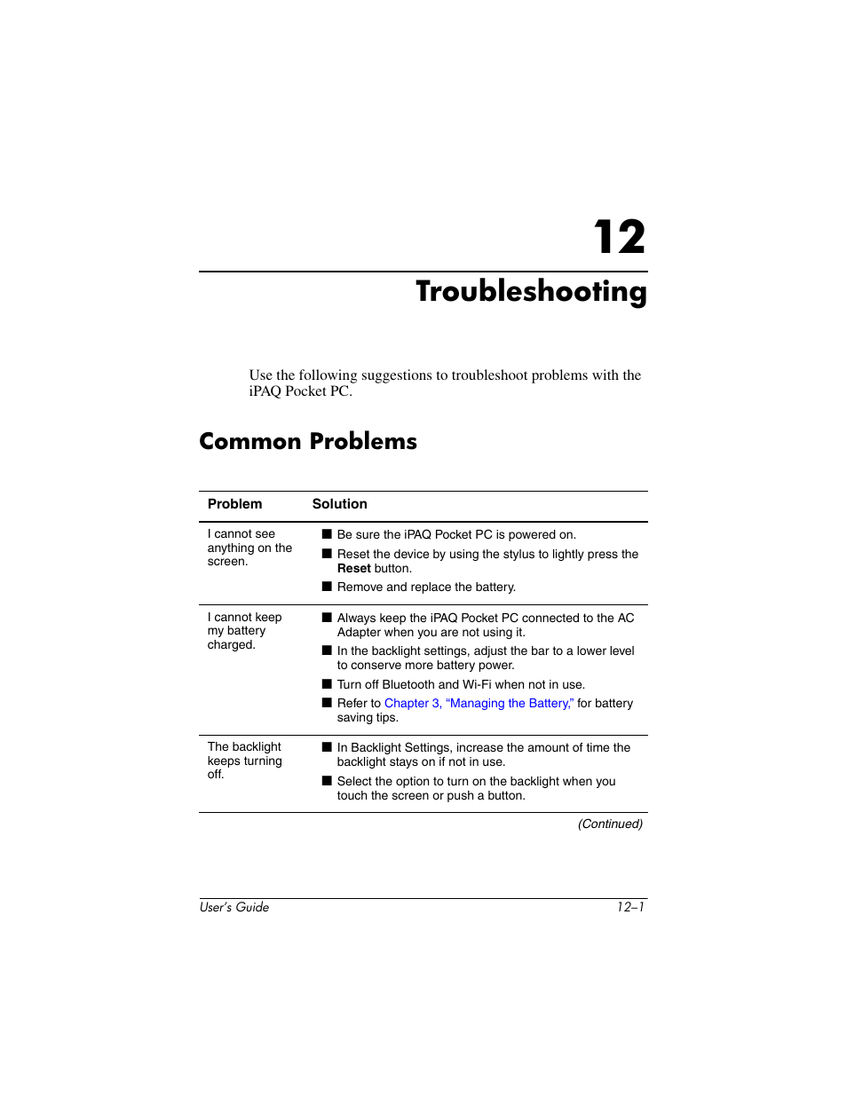 Troubleshooting, Common problems, 12 troubleshooting | Common problems –1 | HP iPAQ hx2000 User Manual | Page 147 / 168