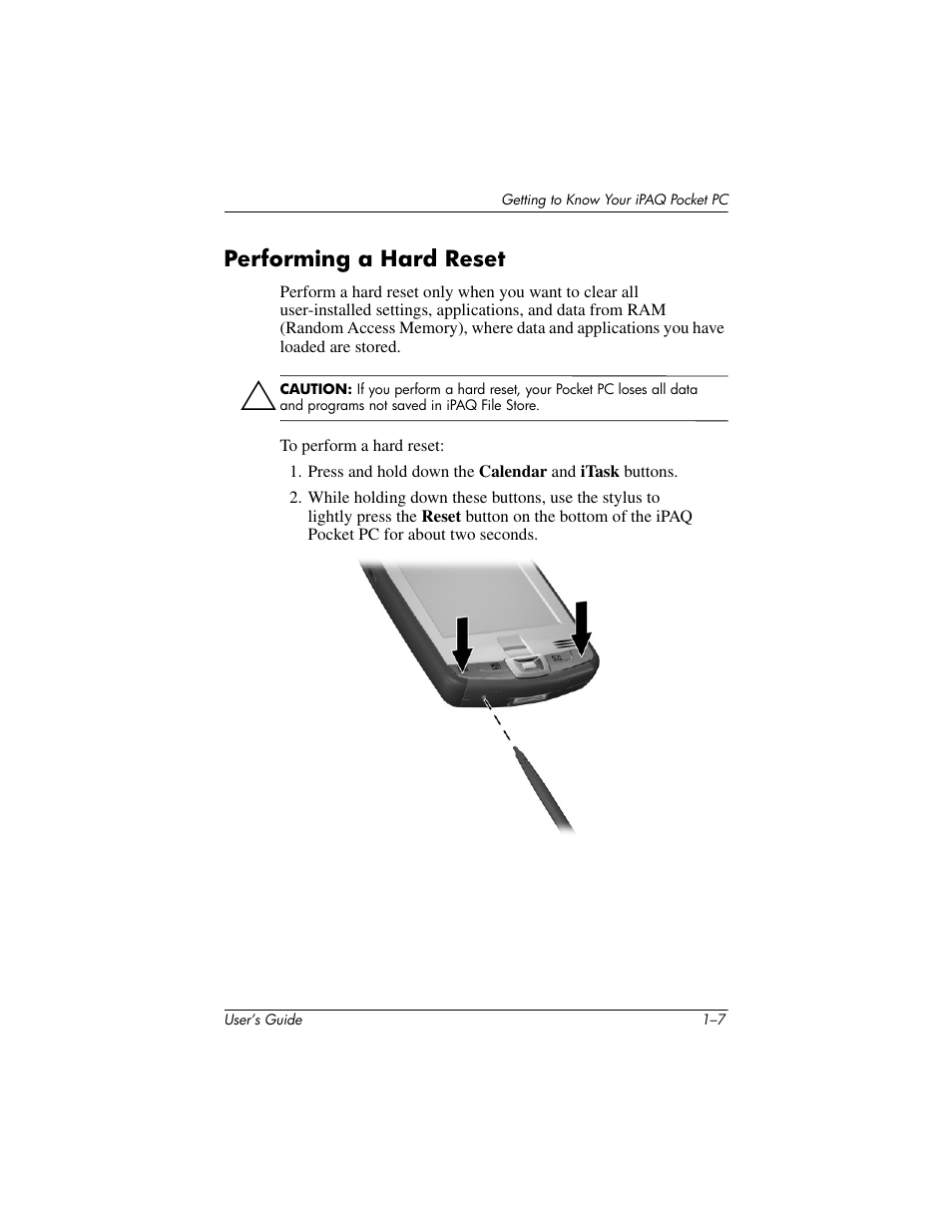 Performing a hard reset, Performing a hard reset –7 | HP iPAQ hx2000 User Manual | Page 15 / 168