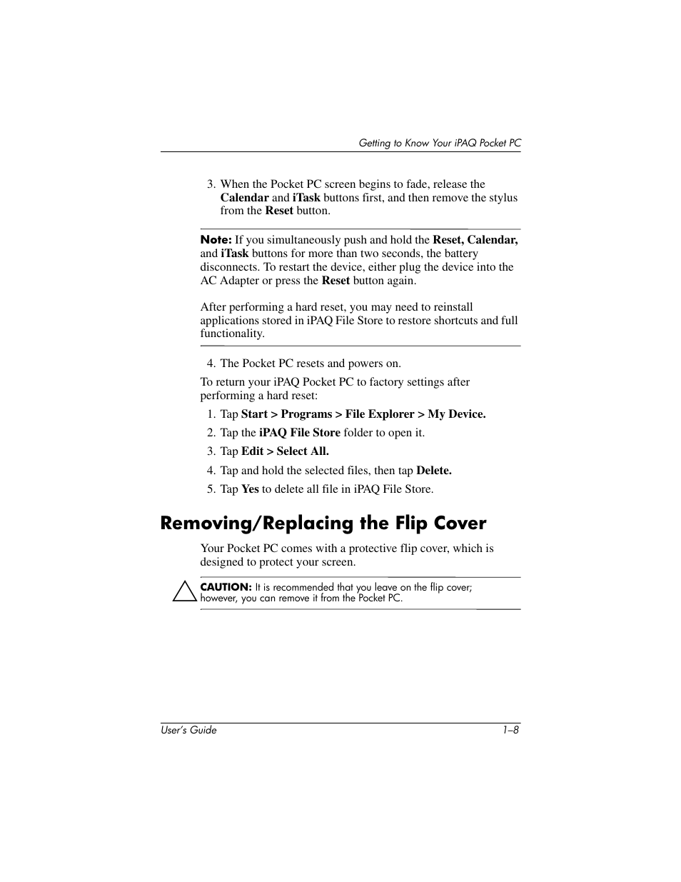 Removing/replacing the flip cover, Removing/replacing the flip cover –8 | HP iPAQ hx2000 User Manual | Page 16 / 168
