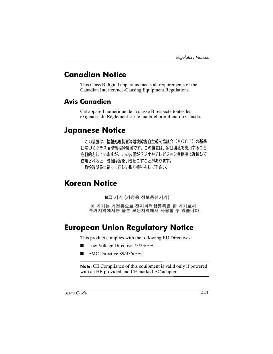 Canadian notice, Avis canadien, Japanese notice | Korean notice, European union regulatory notice | HP iPAQ hx2000 User Manual | Page 160 / 168