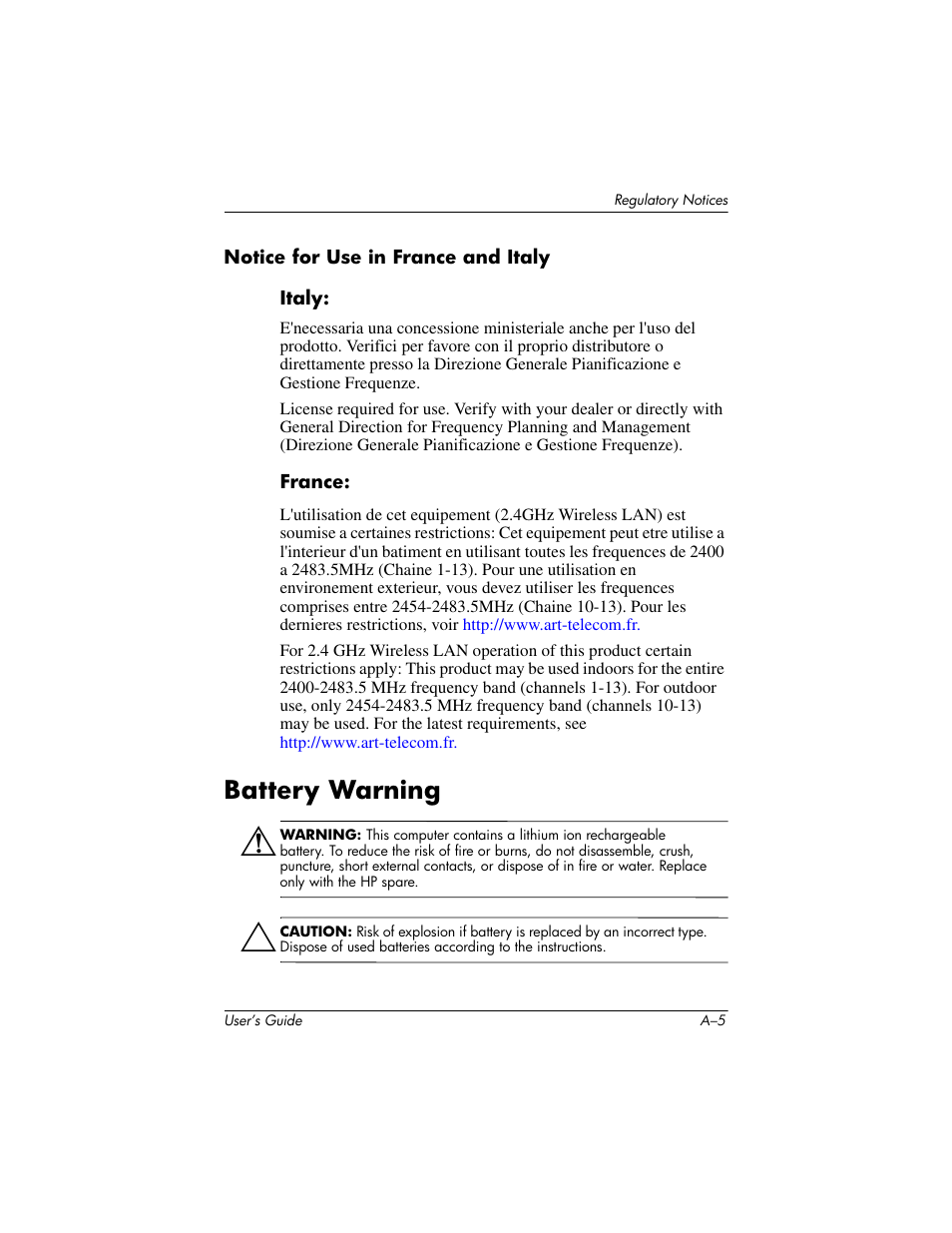 Notice for use in france and italy, Battery warning | HP iPAQ hx2000 User Manual | Page 162 / 168