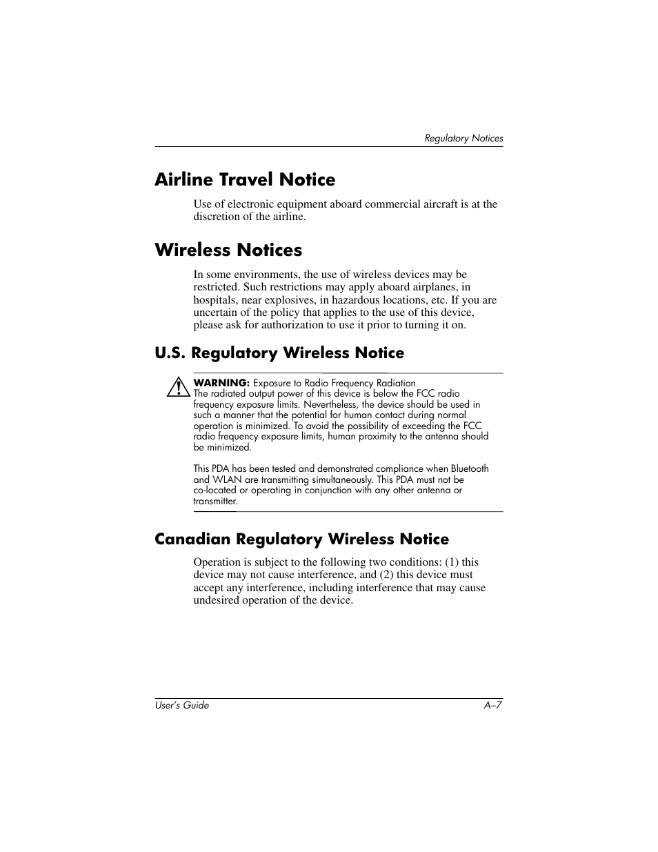 Airline travel notice, Wireless notices, U.s. regulatory wireless notice | Canadian regulatory wireless notice | HP iPAQ hx2000 User Manual | Page 164 / 168