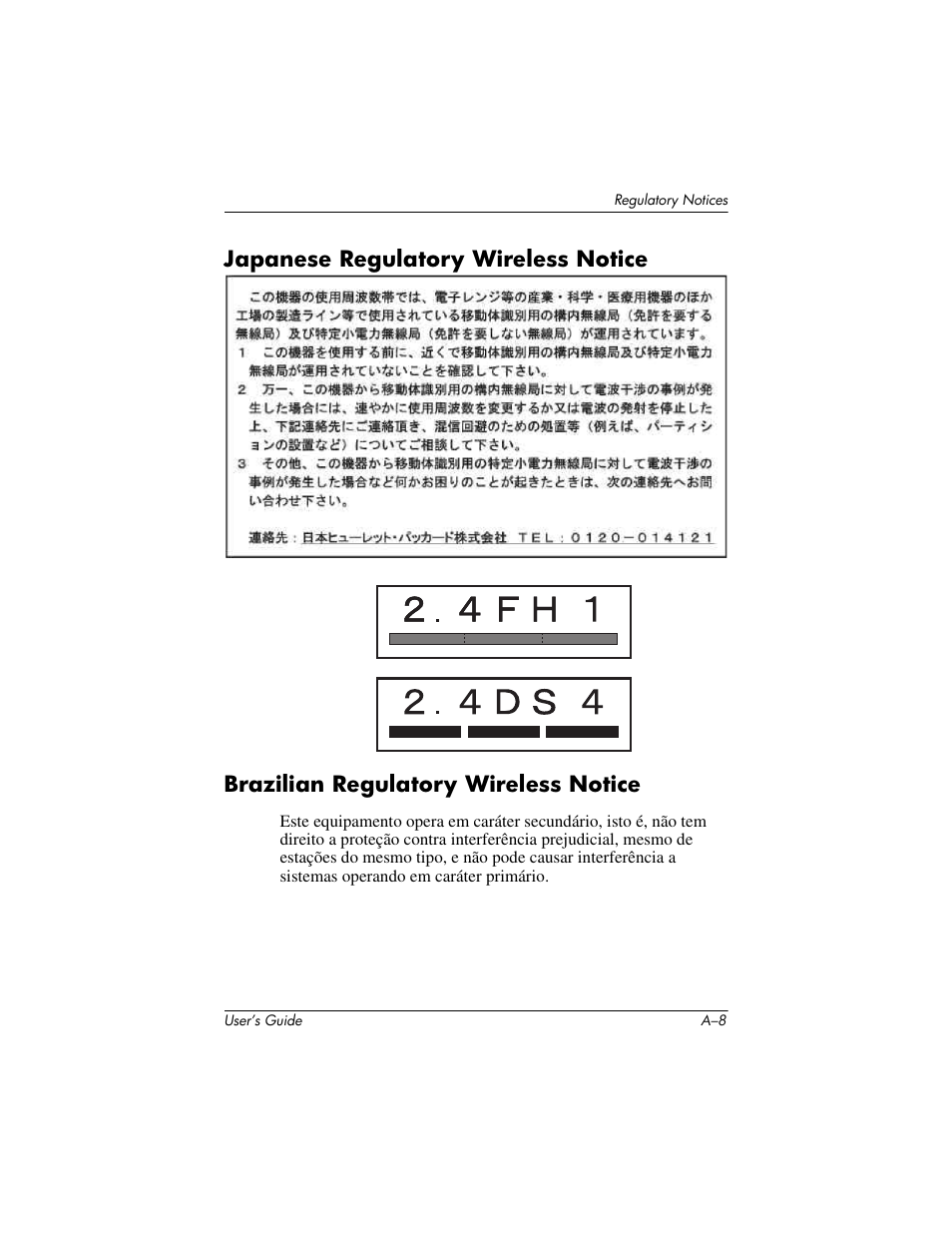 Japanese regulatory wireless notice, Brazilian regulatory wireless notice | HP iPAQ hx2000 User Manual | Page 165 / 168