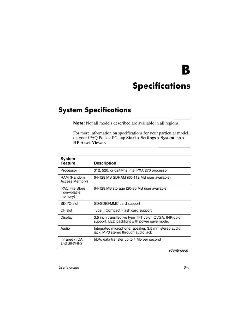 Specifications, System specifications | HP iPAQ hx2000 User Manual | Page 166 / 168