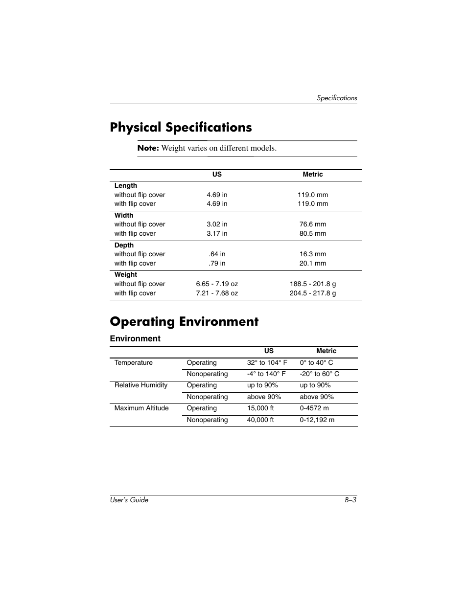 Physical specifications, Operating environment | HP iPAQ hx2000 User Manual | Page 168 / 168