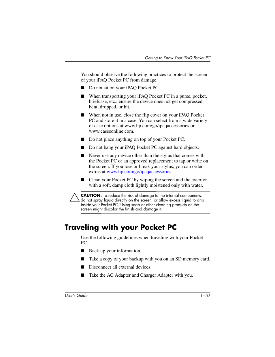 Traveling with your pocket pc, Traveling with your pocket pc –10 | HP iPAQ hx2000 User Manual | Page 18 / 168