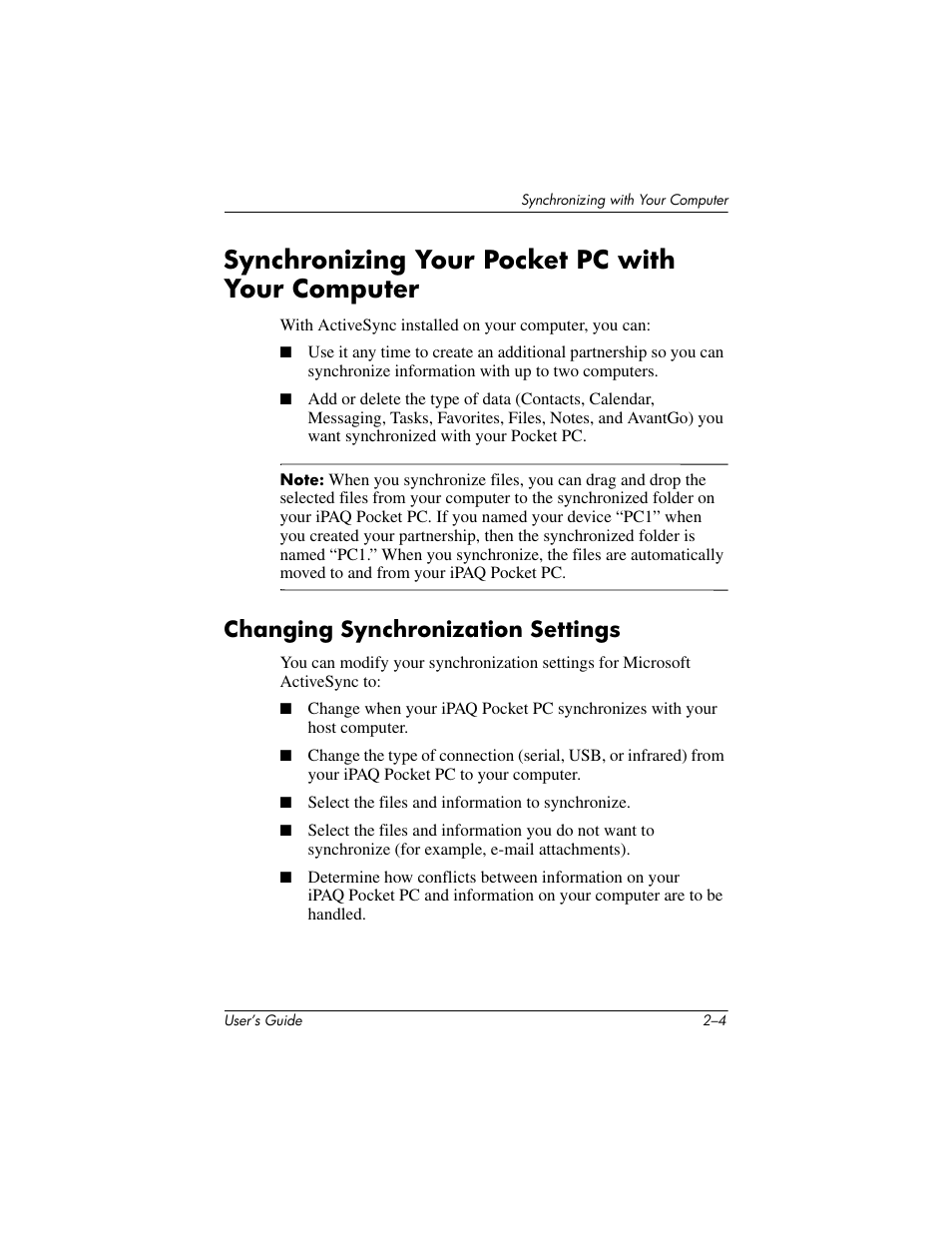 Synchronizing your pocket pc with your computer, Changing synchronization settings, Synchronizing your pocket pc with your computer –4 | Changing synchronization settings –4 | HP iPAQ hx2000 User Manual | Page 23 / 168