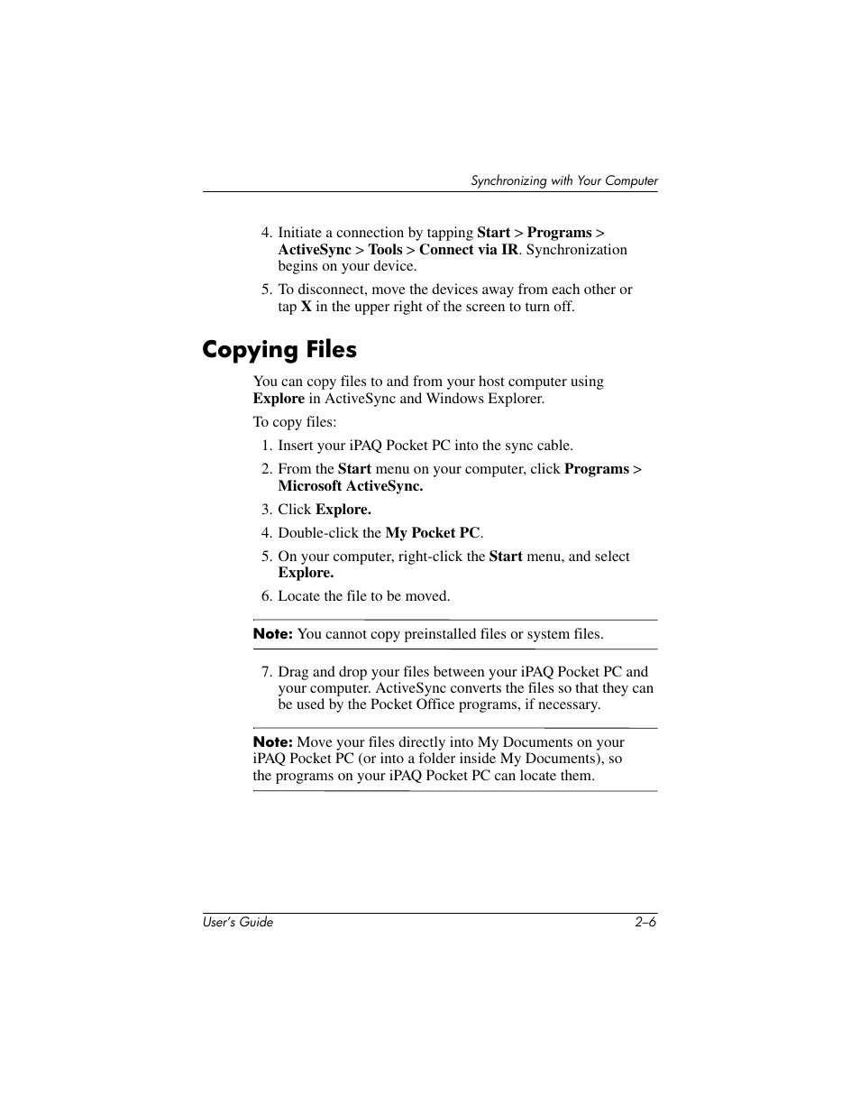 Copying files, Copying files –6 | HP iPAQ hx2000 User Manual | Page 25 / 168