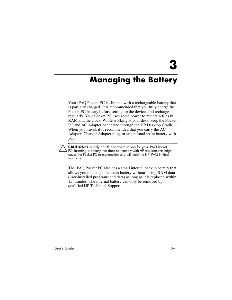 Managing the battery, 3 managing the battery | HP iPAQ hx2000 User Manual | Page 28 / 168