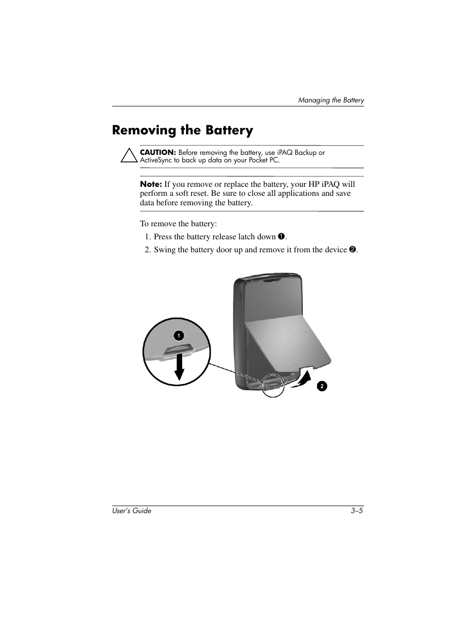 Removing the battery, Removing the battery –5 | HP iPAQ hx2000 User Manual | Page 32 / 168