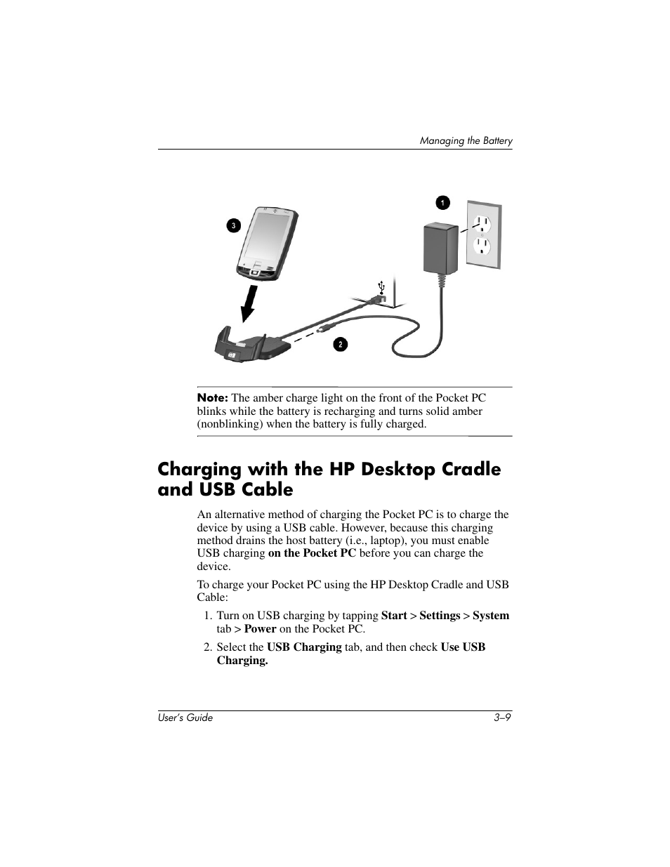 Charging with the hp desktop cradle and usb cable | HP iPAQ hx2000 User Manual | Page 36 / 168