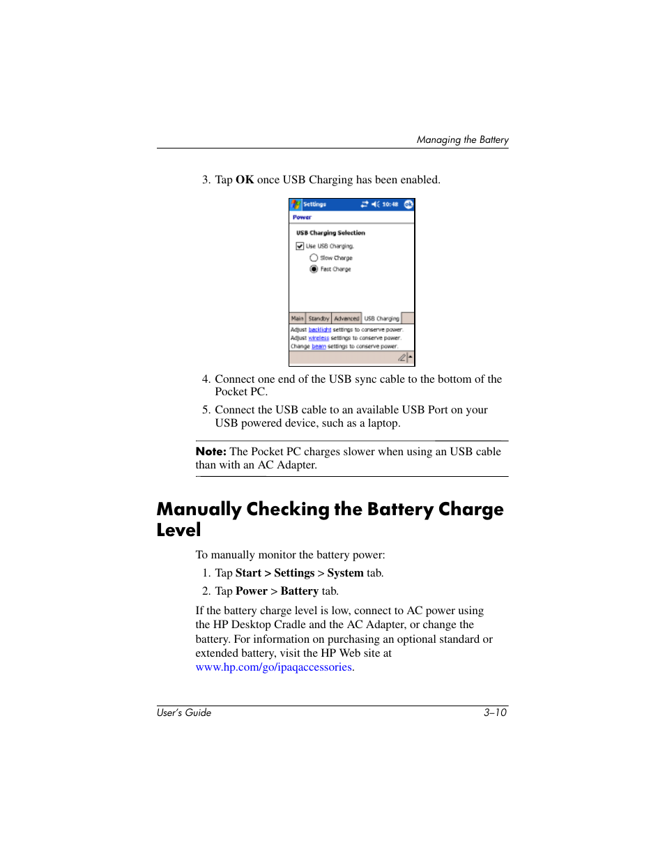 Manually checking the battery charge level, Manually checking the battery charge level –10 | HP iPAQ hx2000 User Manual | Page 37 / 168