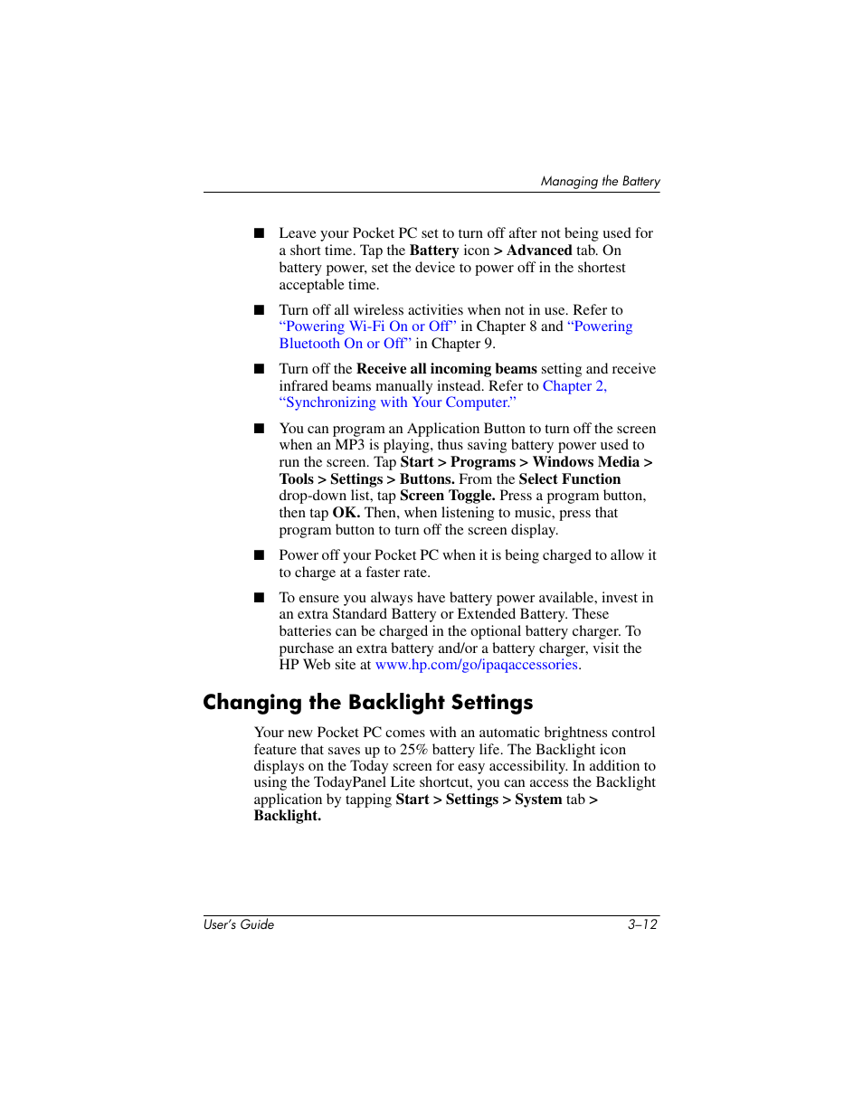 Changing the backlight settings, Changing the backlight settings –12, Information, refer to | HP iPAQ hx2000 User Manual | Page 39 / 168